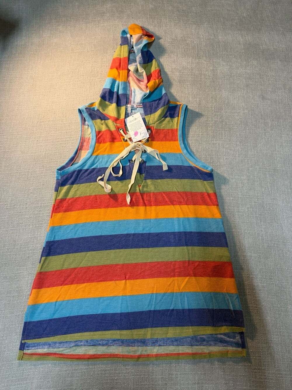 White Birch Sleeveless Hooded Tank Top with Lace-Up Detail in Multi-Color Stripe